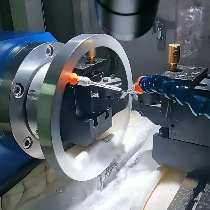 Tool positioned beside a round workpiece in a machining setup