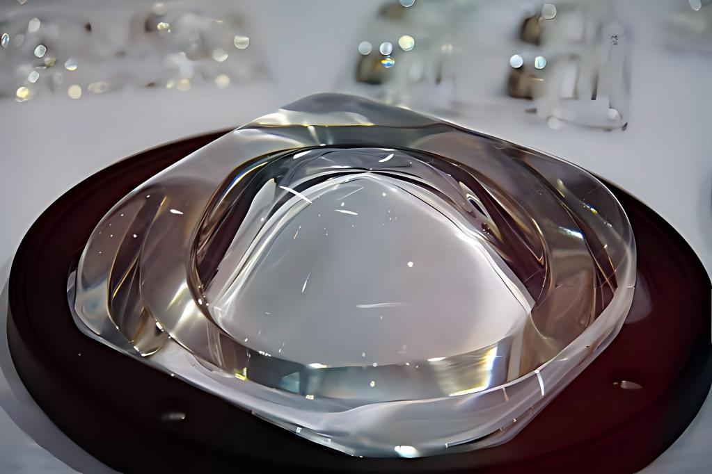 Large clear optical lens with a domed central surface
